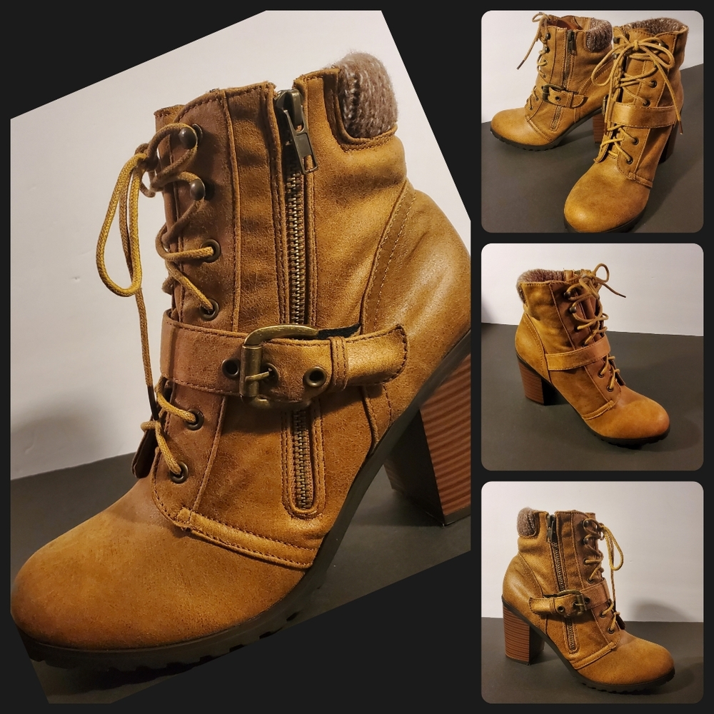 JUSTFAB Orquidia Cognac Chunky Heel Ankle Bootie